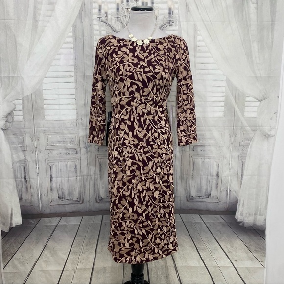 JS Collections Size 6 Maroon Purple Embroidered Fitted 3/4 Sleeve Sheath Dress - Picture 2 of 14